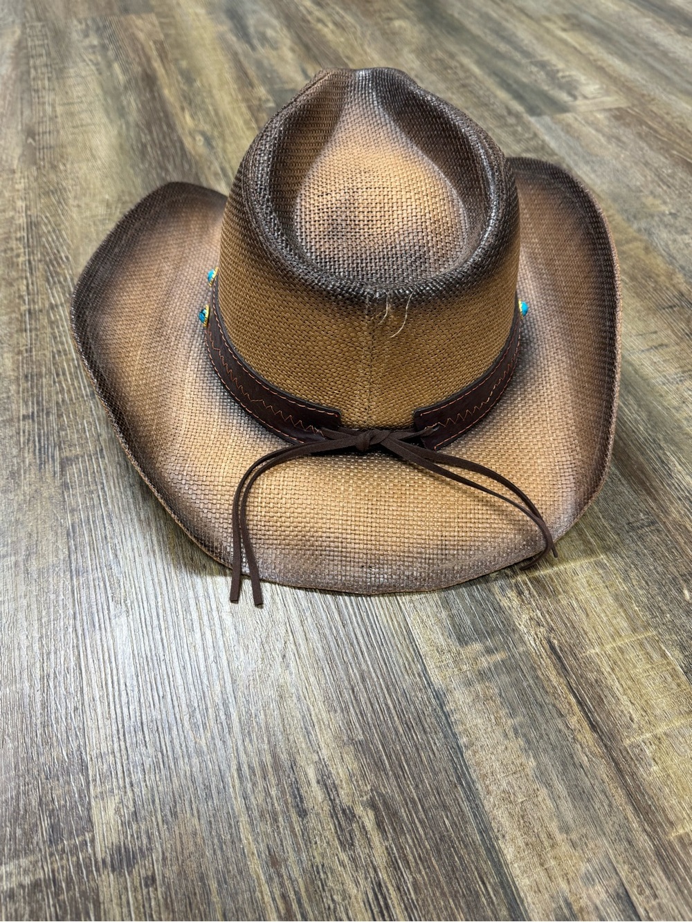 Queue Essentials Brown Straw Hat with Gold Logo Pinched Cattleman Crown Cowboy